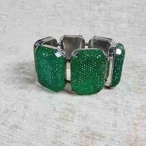 Emerald Green Rhinestone Costume Chunky Bracelet Silver Tone Glam Wicked Beauty